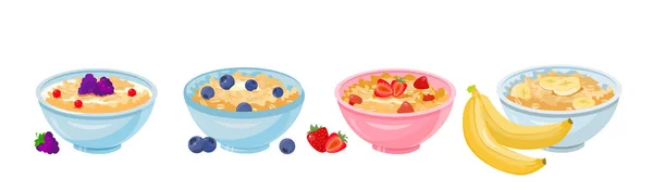 Gachas de avena para el desayuno. Conjunto de tazones saludables con cereales, copos de maíz bayas y frutas — Vector de stock