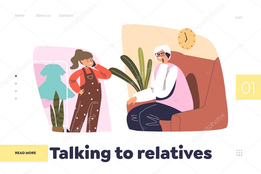 Talking to relatives concept of landing page with small girl speak to grandmother on phone call
