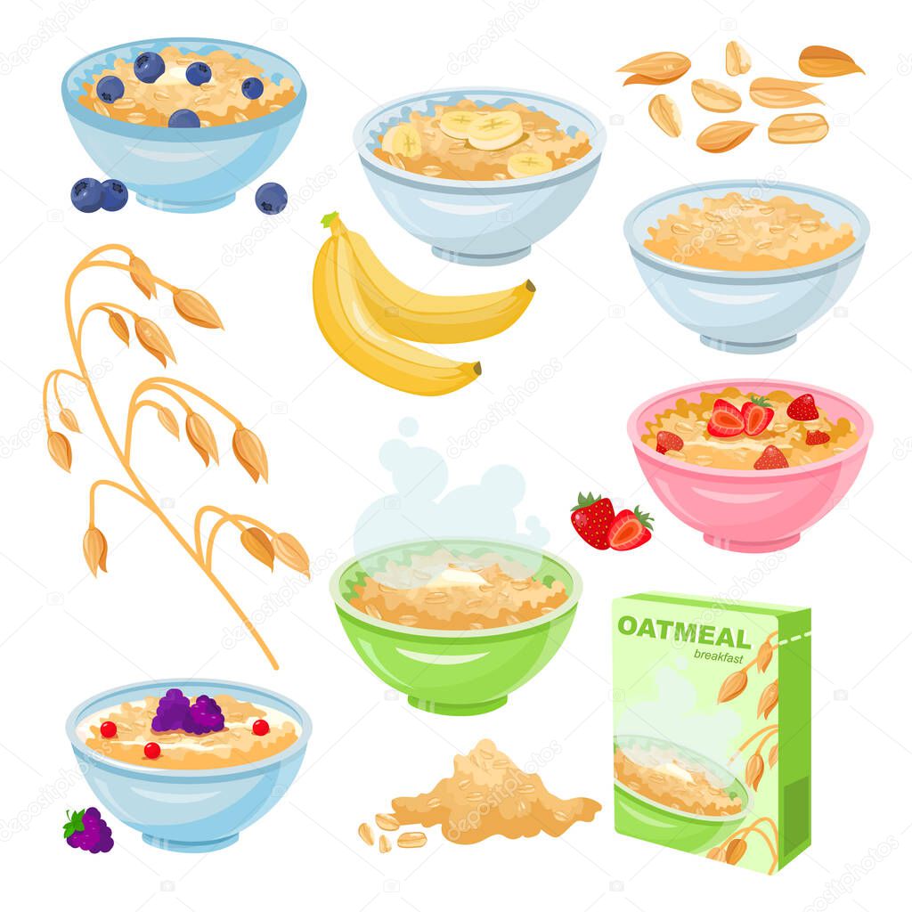 Oatmeal for breakfast set. Cooked wheat or cornflakes cereal with berries for morning nutrition food