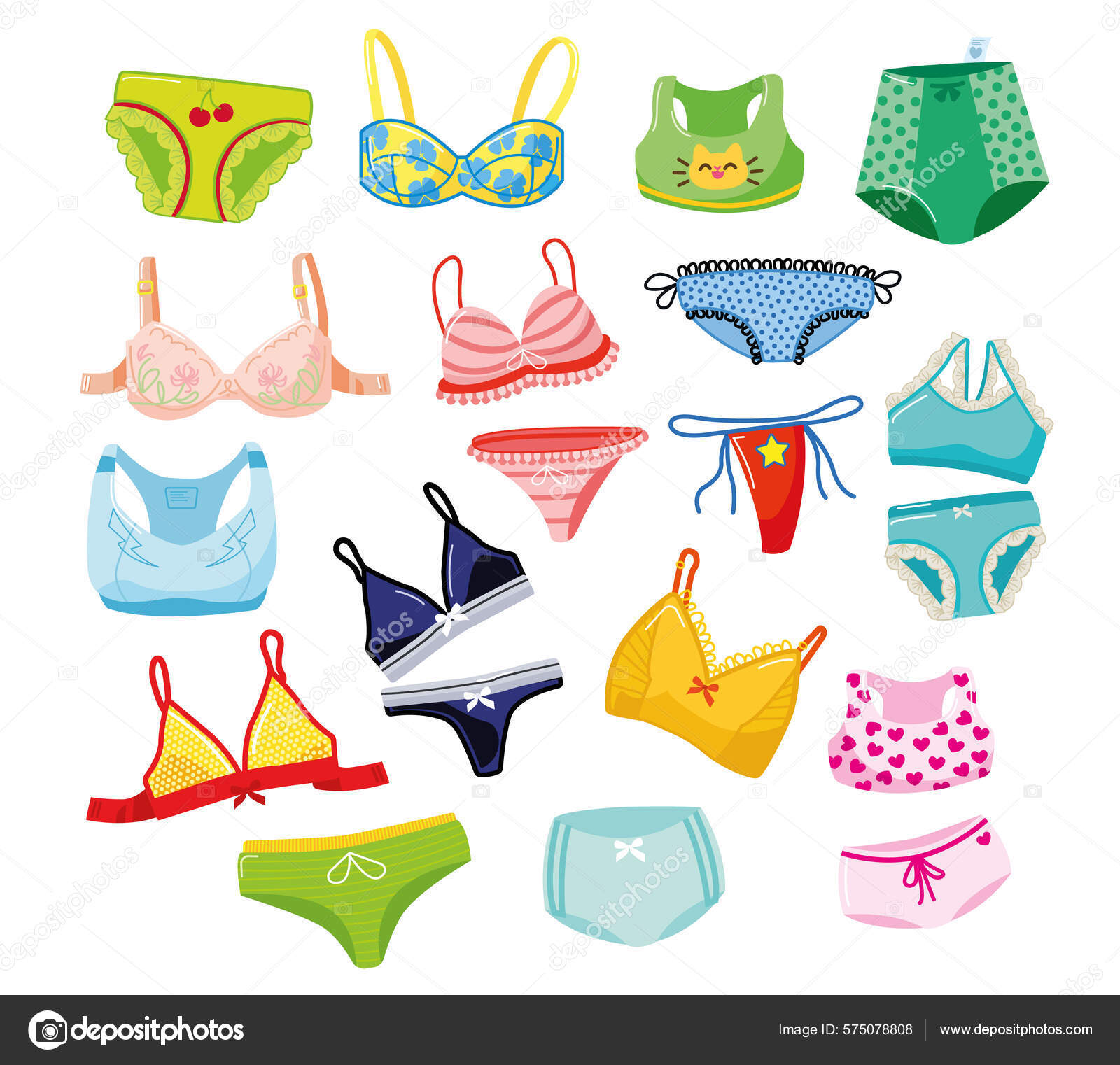 Types of women's panties and bras. Set of underwear Stock Vector