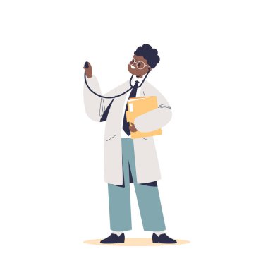 Çocuk doktoru. Beyaz üniformalı küçük bir çocuk steteskop işinde çalışıyor. Çocuklar ve farklı mesleki meslekler. Çizgi film düz vektör çizimi