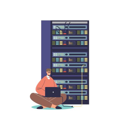 Sysadmin ağ bağlantısını tamir ediyor ve ayarlıyor. Dizüstü bilgisayar kullanarak sunucu dolapları ve bilgisayarlarla çalışan bir sistem yöneticisi. Çizgi film düz vektör çizimi