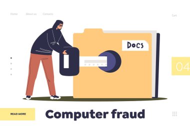 Siyah elbiseli ve maskeli suçlularla dolu bir iniş sayfası dolandırıcılık konsepti veri klasöründen kişisel bilgileri çalıyor. Hacker internet aktivitesi veya güvenlik hacklemesi. Çizgi film vektör illüstrasyonu.