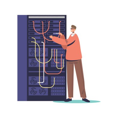 Sunucu odasında çalışan bilişim yöneticisi. Servis bakımı. Sistem yönetimi, ağ bakımı, bilgisayar sistemleri yapılandırma konsepti. Çizgi film düz vektör çizimi