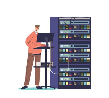 Genç bir erkek sistem uzmanı iş başında. Bilgisayarda çalışan ve sunucuyla teknik bakım yapan bir adam. Destek ve yönetim konsepti. Çizgi film düz vektör çizimi