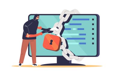 Bilgisayar korsanlığı siber suçlusu bilgisayardan kişisel bilgileri çalıyor. Kimliği belirsiz bir hacker kredi kartı ve kimlik için bilgisayara saldırıyor. Çizgi film düz vektör çizimi