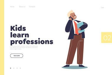 Çocuk, erkek işadamlarıyla iniş sayfası konseptini öğreniyor. Resmi takım elbiseli küçük bir çocuk evrak klasörünü tutuyor ve siyasetçi olarak cep telefonuyla konuşuyor. Çizgi film düz vektör çizimi