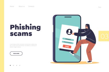 Siber suçluların akıllı telefondan kişisel bilgileri çaldığı bir yere iniş sayfası konsepti. Hacker cep telefonu profilinden veri çalıyor. Vektör illüstrasyonu