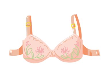 Dantelli ve kablolu sutyen ikonu. Şınav çeken kadın iç çamaşırlı sütyen. Beyaz arka planda izole edilmiş romantik kıyafetler için sevimli pembe iç çamaşırları. Vektör illüstrasyonu