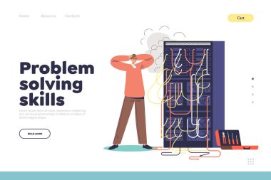 Sorun çözme becerileri konsepti. Endişeli bir sistem uzmanı, yanan bilgisayar sunucusuna bakar. Sistem yöneticisi mühendisi ağ bağlantısını tamir ediyor. Çizgi film düz vektör çizimi