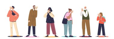 Duygularını gizleyen çizgi film setleri. Mutsuz, üzgün, maske takan, mutlu ve neşeli numarası yapan bir grup zavallı insan. İnsani gerçek duygular. Düz vektör illüstrasyonu