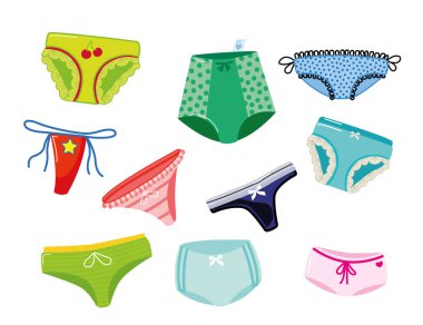 Kadın külotu, iç çamaşırı tipi ip, tanga, bikini. Küstah, klasik külot, iç çamaşırı koleksiyonu ya da eski moda geniş bel ya da ince iç çamaşırı koleksiyonu. Çizgi film vektör illüstrasyonu