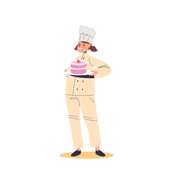 Kid Confectioner Small Girl Child Cook Uniform Hat Holding Cake — Stock Vector