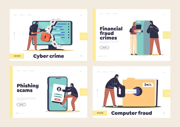 Crimes Cibernéticos Conjunto Landing Pages Com Hackers Roubando Dados Pessoais — Vetor de Stock