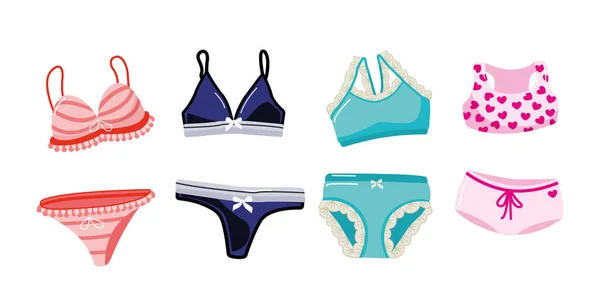 Collection Women Underwear Elegant Lingerie Sets Bodysuits Panties Bras Cartoon — Stock Vector