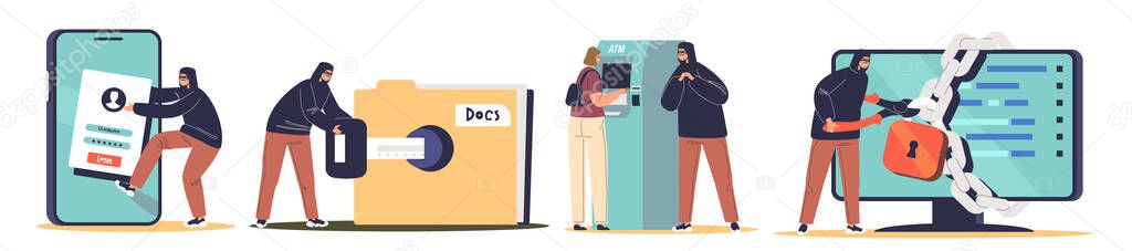 Cyber crimes set with hackers and burglars stealing personal data, banking credentials and information from smartphone, computer, atm machine for phishing. Cartoon flat vector illustration