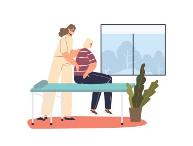 Masör bir kadın hasta masada otururken masaj yapıyor. Omurga ve sırt tedavisi üzerinde manüel osteopat terapisti. Osteopati ve sağlık hizmeti konsepti. Çizgi film düz vektör çizimi