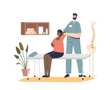 Profesyonel erkek osteopat masada oturan kadına masaj yapıyor. Rehabilitasyon terapisi ya da manuel terapi. Hastayla çalışan bir kayropraktik uzmanı. Çizgi film düz vektör çizimi