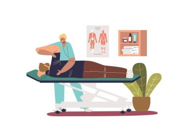 Masörlerde rehabilitasyon masajı yapan bir hasta. Kadın masör fizyoterapist osteopat sırt ve kol tedavisi görüyor. Rehabilitasyon terapisi, fizik tedavi konsepti. Çizgi film düz vektör çizimi