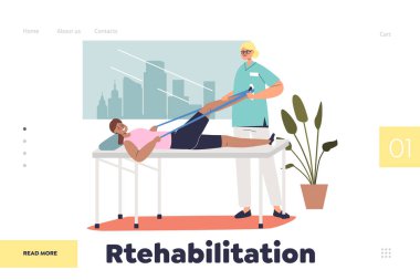 Fizyoterapistle fizik tedavide olan bir hastanın rehabilitasyon konsepti. Bacak üstüne bacak sakatlığı olan kadın egzersizi. Kurdeleli fizyoterapi. Çizgi film düz vektör çizimi