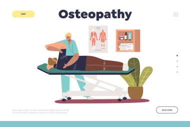 Rehabilitasyon masajındaki hastayla İniş Sayfası Osteopati konsepti. Kadın masör fizyoterapist osteopat sırt ve kol tedavisi görüyor. Fizyoterapi tedavisi. Çizgi film düz vektör çizimi