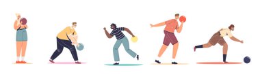 Bowling oynayan bir grup insan. Erkekler ve kadınlar kulüpte bowling oynayıp top atıyorlar. Aktif eğlence, spor ve eğlence konsepti. Çizgi film düz vektör çizimi