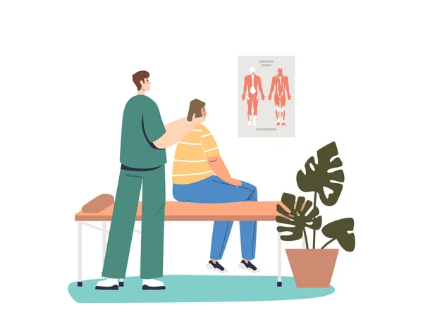 男脊椎按摩师进行颈部至女性病人的康复按摩 医生或骨科医生与病人一起进行替代医疗理疗工作 卡通平面矢量插图 — 图库矢量图片