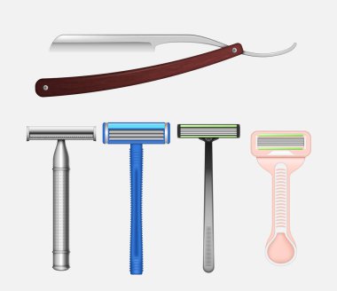Traş olmak için gerçekçi metal jiletler. Sivri uçlu tıraş plastiği ve hijyen için retro ekipman ya da beyaz tenli kadın ve erkek için saç stili. Sakal tıraşı aksesuarı. Vektör illüstrasyonu