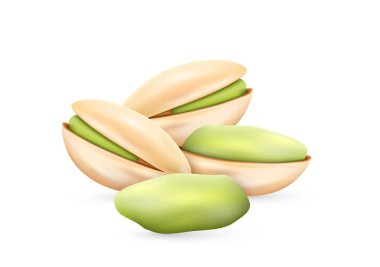 Kırık kabuklu gerçekçi fıstık ve beyaz arka planda yeşil tohum. Pistache çekirdeği taze, kavrulmuş veya tuzlanmış. Vektör illüstrasyonu