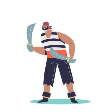 Korsan, haydut ya da korsan, kızgın senato engelleyiciler kılıçlarla yırtık pırtık kıyafetler giyerler. Peri masalı karakteri, beyaz arka planda izole edilmiş pikaroon karakteri. Çizgi film vektör illüstrasyonu