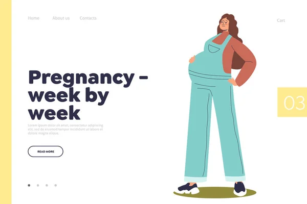 カジュアル全体の服で若い妊婦とランディングページの週の概念による妊娠週 赤ちゃんが生まれるのを待っている幸せな女性 健康と母親 漫画フラットベクトルイラスト — ストックベクタ