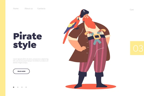 Pirate Style Concept Landing Page Cartoon Captain Two Pistols Parrot — Stock vektor