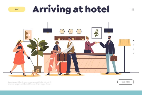 Arriving Hotel Concept Landing Page Lobby Reception Hall Interior Guest — Stock vektor