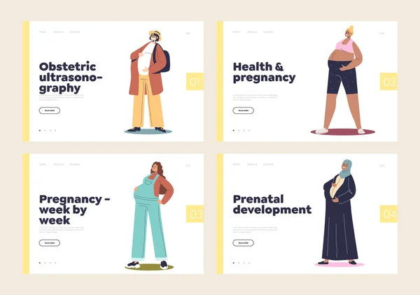 Pregnancy Motherhood Concept Template Landing Pages Set Different Pregnant Women — Stock Vector