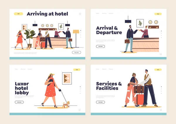 Hotel Services Arrival Departure Concept Landing Pages Set People Registration — Stock Vector