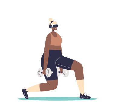 VR 3D gözlüklü bir kadın evde egzersiz yapıyor. Sanal gerçeklik kulaklıklı bir kadın video teknolojisiyle simülatör fitnesinde halteri kaldırıyor. Çizgi film düz vektör çizimi