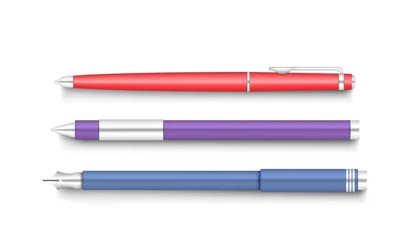 写实的钢笔和铅笔套装 收集学校或办公室文具工具 用于书写 记录和绘图 以白色为背景 3D矢量说明 — 图库矢量图片