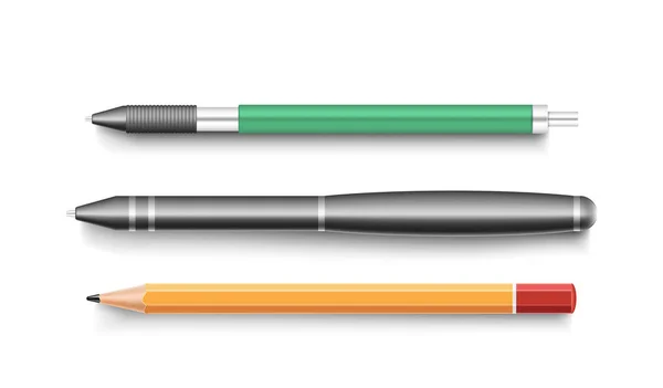 写字楼现实的现代圆珠笔和铅笔与橡皮设置隔离的白色背景 课堂文具的教学设备 矢量说明 — 图库矢量图片