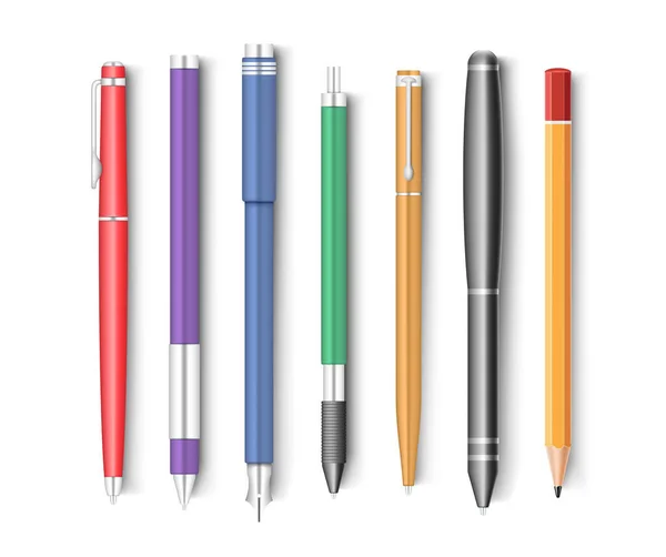 Set Pen Pencil Stylo Equipment Writing School Office Plastic Metal — Stock Vector