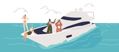 Kızlar okyanustaki lüks yatta parti veriyor. Bir grup genç kadın yazın açık denizde rahat bir teknede dinleniyor. Yaz tatili ve rahatlama. Çizgi film düz vektör çizimi