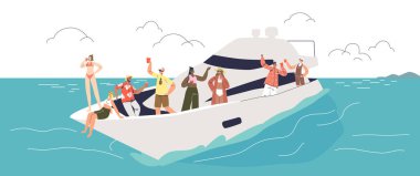 Gençler yatta dinleniyor. Bir grup turist yaz tatili boyunca denizde yat gezisinin keyfini çıkarıyorlar. Gezginler birlikte takılıyor. Deniz aktiviteleri ve rahatlama. Çizgi film düz vektör çizimi