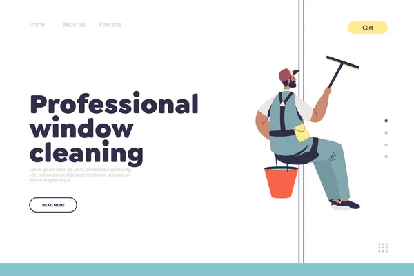 Professional Window Cleaning Concept Landing Page Washer Uniform Hang Steeplejack — Stock Vector