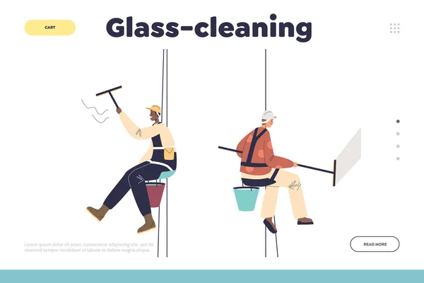 Glas Reinigen Concept Van Landing Page Met Glazenwassers Steeplejack Wassen — Stockvector