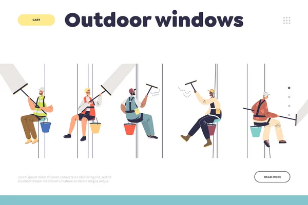 Outdoor Windows Concept Landing Page Glass Cleaners Team Washing Skyscraper — Stock Vector