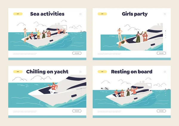 游艇和海上活动概念的模板登陆页设置与人在船上休息在一起的海洋 年轻男女都喜欢夏季游艇游轮 卡通平面矢量插图 — 图库矢量图片