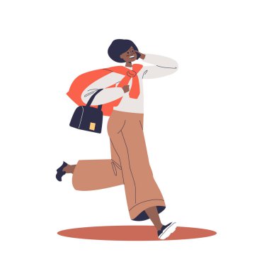 İşe geç kalan genç bir kadın akıllı telefondan konuşuyor, taksi çağırıyor. Stresli bir kadın sabah ofise koşuyor. Acil ve dakiklik kavramı. Çizgi film düz vektör çizimi