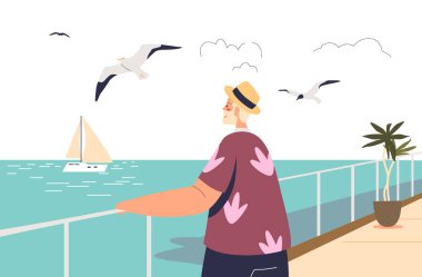 Deniz kıyısındaki kıdemli adam mavi suya bakıyor. Erkek turistler rıhtımdan deniz manzarasının keyfini çıkarırlar. Yaşlı adam tatilini deniz kıyısında geçiriyor. Çizgi film düz vektör çizimi