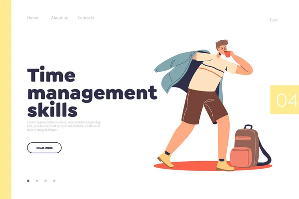 Time Management Skills Concept Landing Page Young Man Hurry Student — Stock vektor