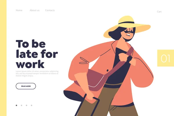 Late Work Concept Landing Page Stressed Woman Hurry Running Workplace — Stock vektor
