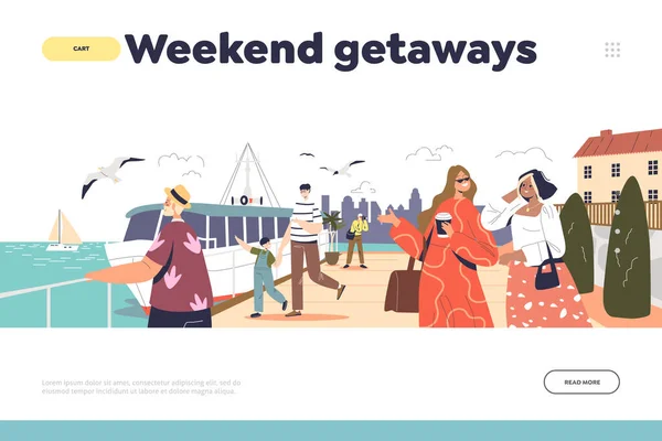 Fim Semana Getaways Conceito Landing Page Com Turistas Felizes Gostam —  Vetores de Stock